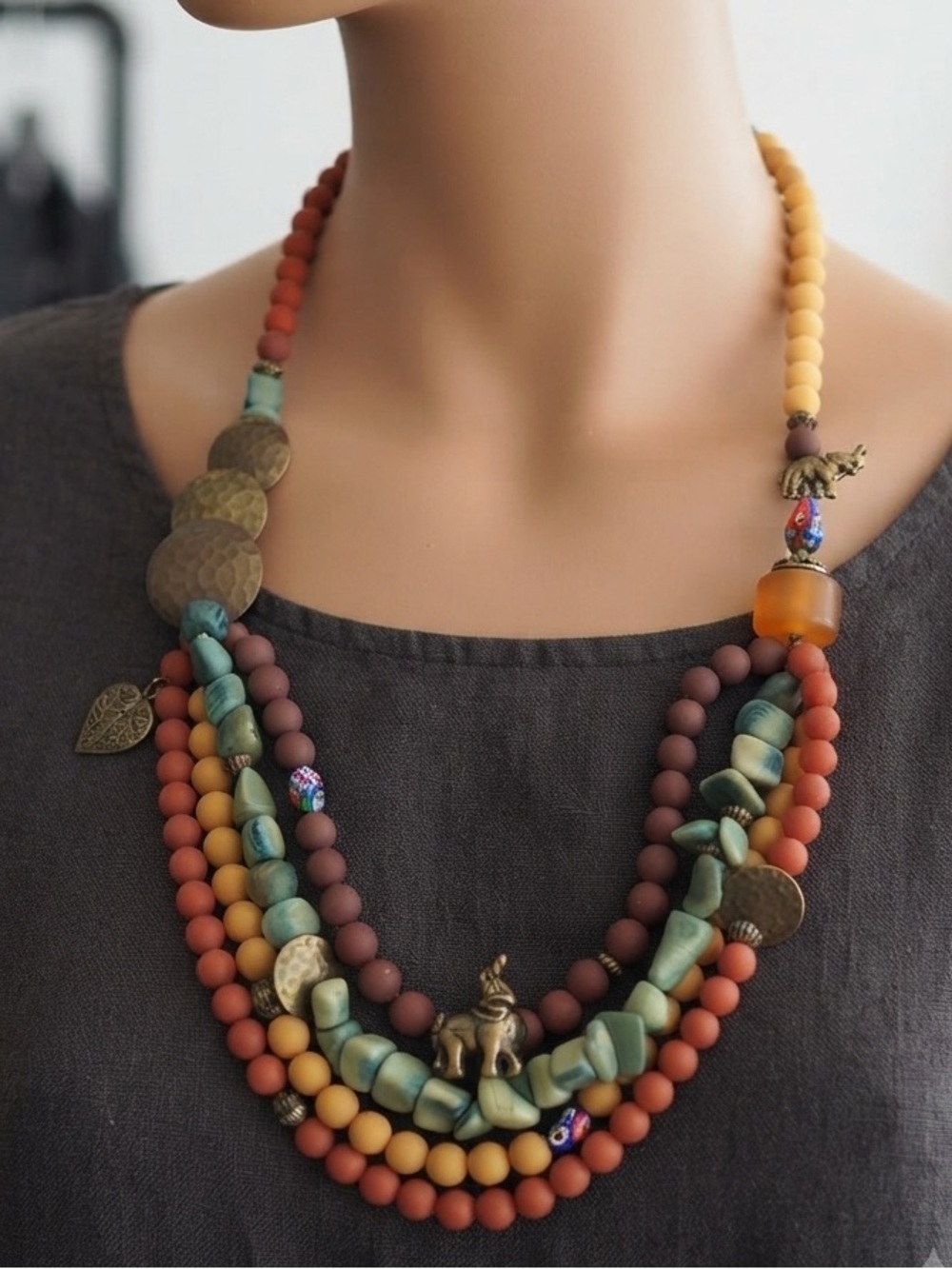 Multi-Strand Statement Necklace with Earthy Tones & Whimsical Charms